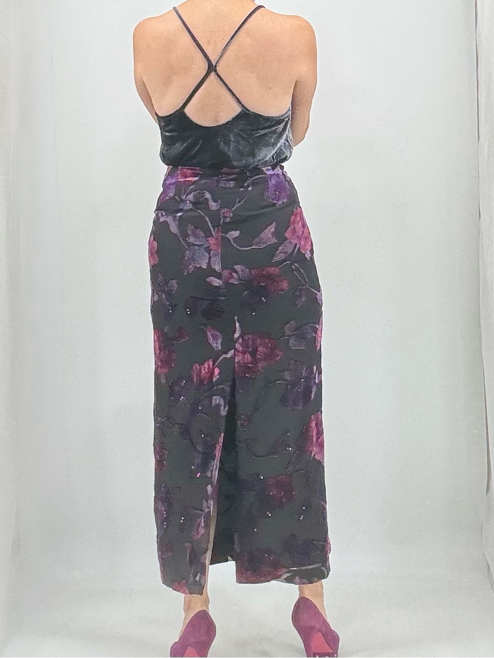 St. John Kelly and Diane Vintage 90s Whimsigoth Fairy Burnout Velvet Silk Skirt - Picture 9 of 16